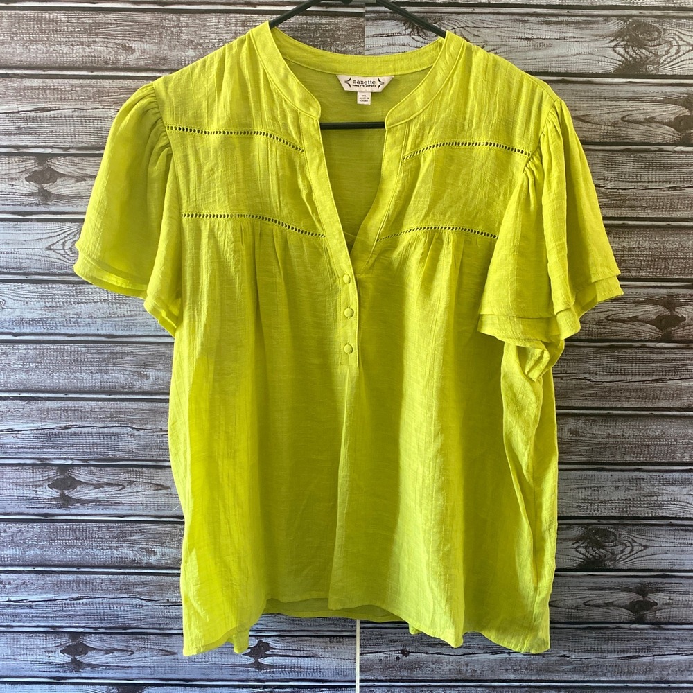 Nanette‎ Lepore Women's Short-Sleeved Top Blouse Sz XL Chartreuse V-Neck Crochet